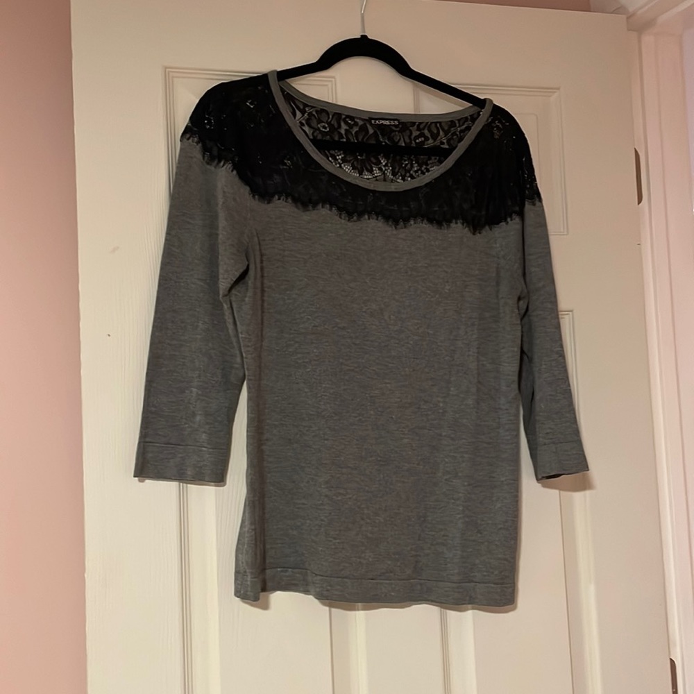 Express Gray and Black Lace Sweater Blouse